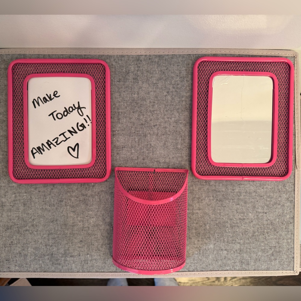 Pink magnetic locker or refrigerator set.  Mirror, white board, and holder